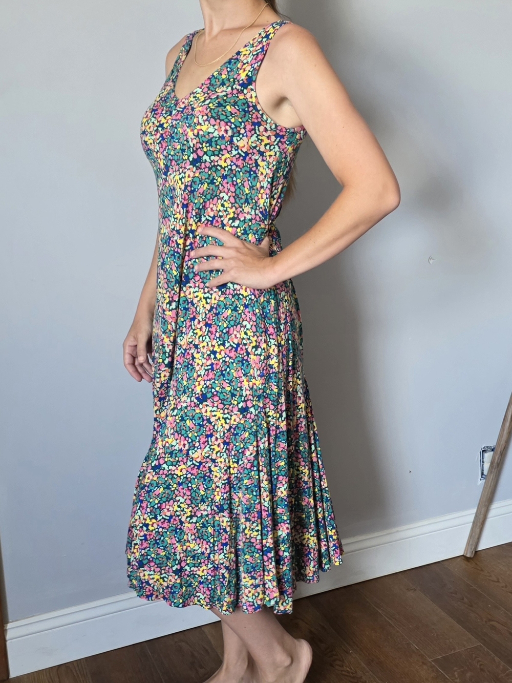 LOFT Floral Watercolor V-Neck Midi Dress in Green Multi Summer Spring Small P